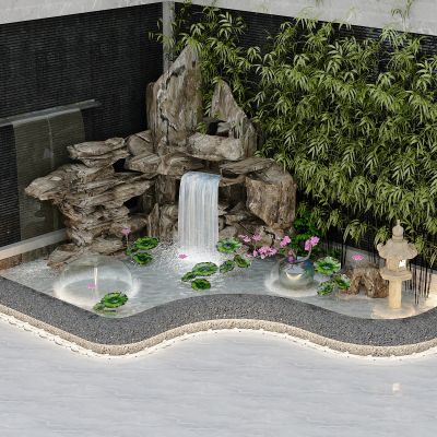 现代玄关假山喷泉水景，景观山石，荷花池，水景墙，竹子