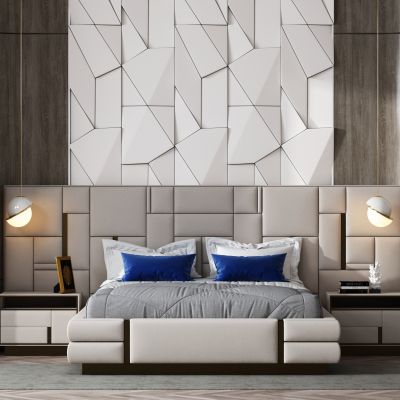 现代床头背景墙双人床组合