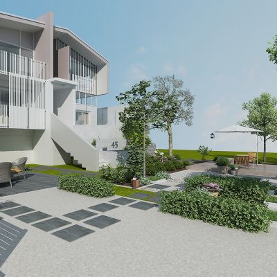 现代别墅庭院景观，绿植，植物堆，绿化带，花草树木，休闲平台，遮阳伞