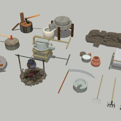 中式柴火 石磨 沙袋 耕具 农业用具