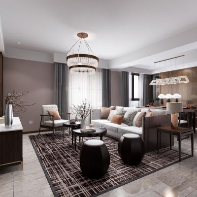 新中式客餐厅 沙发茶几组合 餐桌椅组合