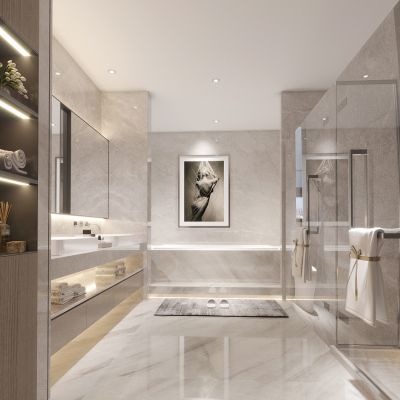 现代卫生间，卫浴用品，淋浴房，浴室柜，水盆，镜柜