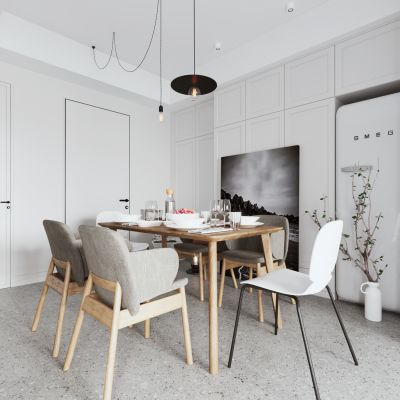 现代北欧餐厅 餐桌椅 小吊灯 冰箱