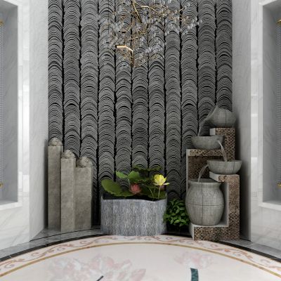 新中式水景 瓦片背景墙