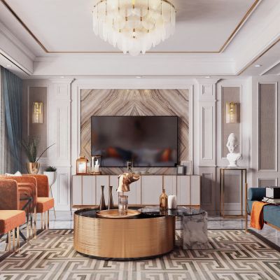 现代轻奢客餐厅 吊灯 吸顶灯 沙发组合 餐桌组合 墙饰 装饰品