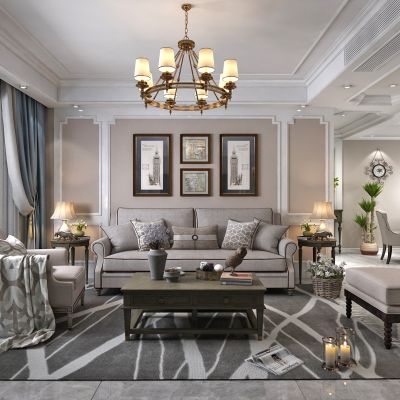 美式客厅餐厅 吊灯 沙发 茶几 餐桌 过道