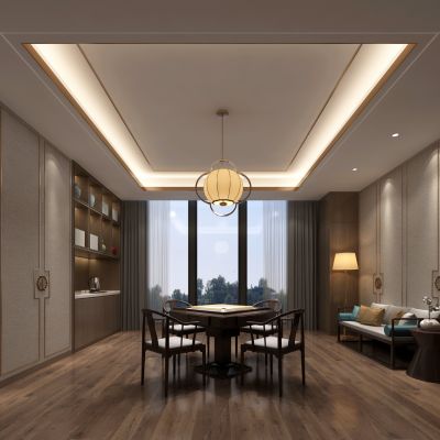 新中式棋牌室 麻将桌 沙发茶几 吊灯