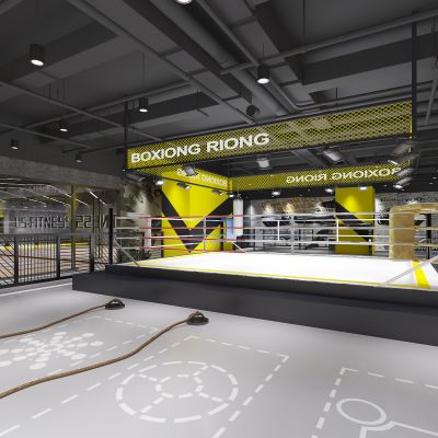 工业风健身房 健身器械 拳击台 跑步机