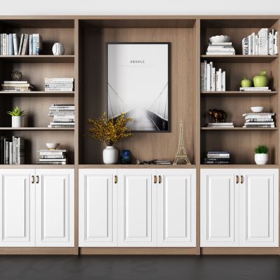 现代实木书柜 柜子 挂画 书 植物 手机