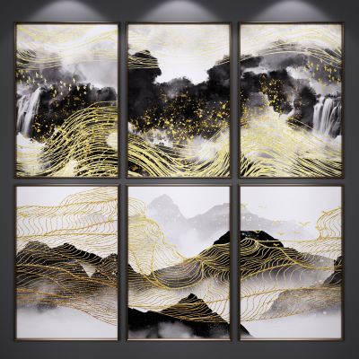 新中式装饰挂画 山水画 水墨画 艺术画 三联画 玄关端景画