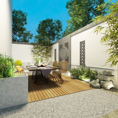 现代别墅庭院景观，绿植，植物堆，竹子，花草树木，休闲平台，庭院背景墙,景观石头流水