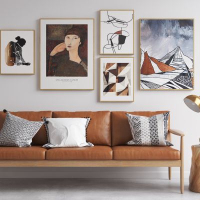 北欧沙发 三人沙发 抱枕 木墩 台灯 盆栽 钟 书 装饰挂画组