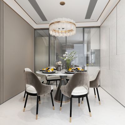 现代餐厅，圆餐桌，厨房玻璃推拉门