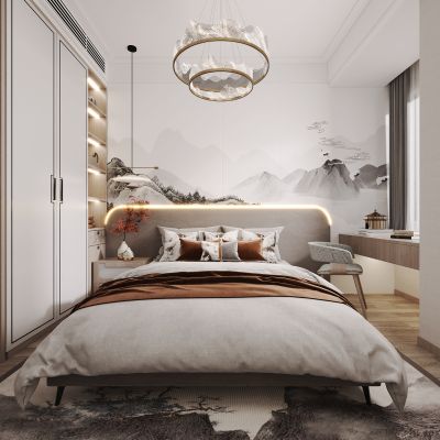 新中式家居卧室，新中式书房，书房，