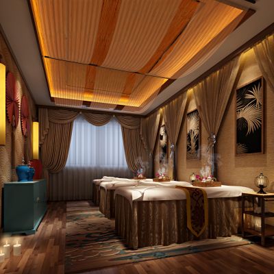 新中式美容院 美容床 壁灯 沙曼  窗帘  装饰柜 挂画