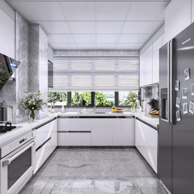 现代厨房 橱柜 水槽 吊柜  餐具 百叶帘 绿植