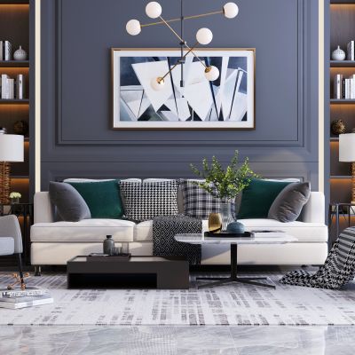 现代沙发茶几组合 休闲椅 挂画 吊灯 书籍 花瓶 摆件