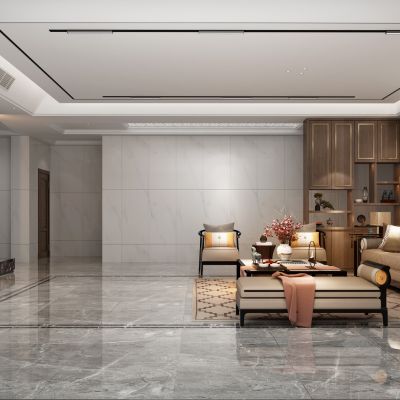 新中式家居客厅 背景 沙发 背景 柜子 摆件 花瓶 墙饰 壁灯