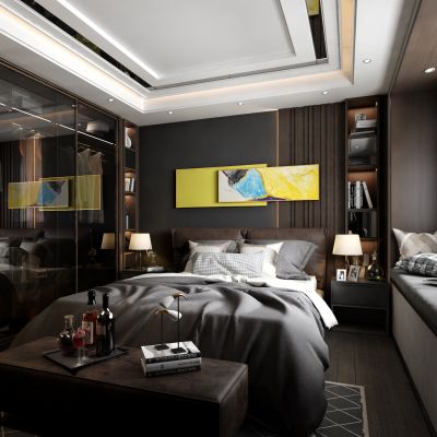 现代轻奢主人房 衣柜 大床 床头柜