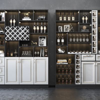 现代酒柜组合  门板 酒瓶 酒插 倒挂杯 装饰品