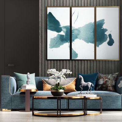 现代轻奢休闲绒布多人沙发茶几饰品组合