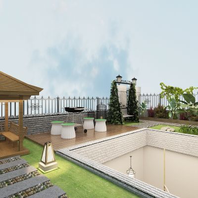 现代别墅庭院景观，绿植，植物堆，凉亭，亭子，休闲烧烤平台，秋千，护栏，栏杆