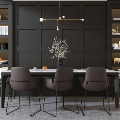 现代餐厅餐桌 椅子 陈设品 吊灯组合