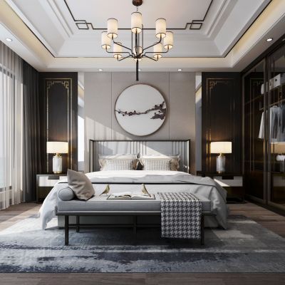 新中式卧室 双人床 床尾凳 背景墙 吊灯 衣柜 挂画