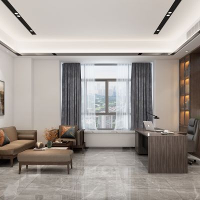 新中式经理办公室 办公桌 沙发 窗帘 柜子 挂画 