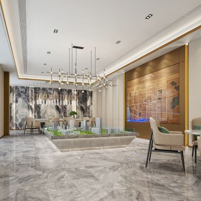 现代风格售楼处 吧台沙盘 洽谈桌椅 吊灯