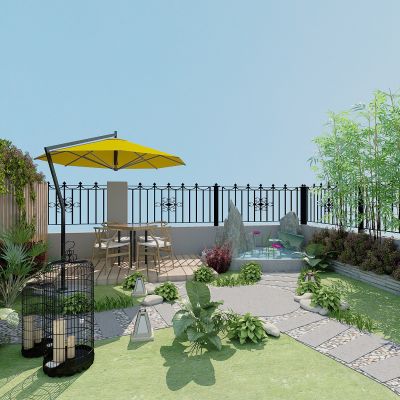 现代别墅庭院阳台露台景观，绿植，植物堆，藤蔓，竹子，荷花景观池，休闲平台，护栏，栏杆