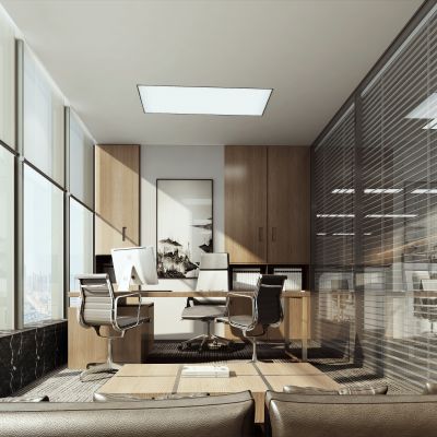 现代经理办公室 办公桌 办公皮沙发 隔断