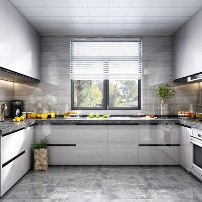 现代厨房 橱柜 油烟机 燃气灶 水槽 冰箱