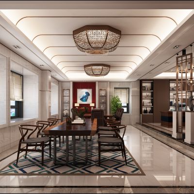 新中式茶艺展厅 茶桌 吸顶灯 装饰柜 会议桌 装饰屏风