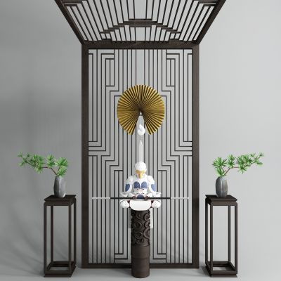 新中式屏风 悟空 扇子 松树盆景