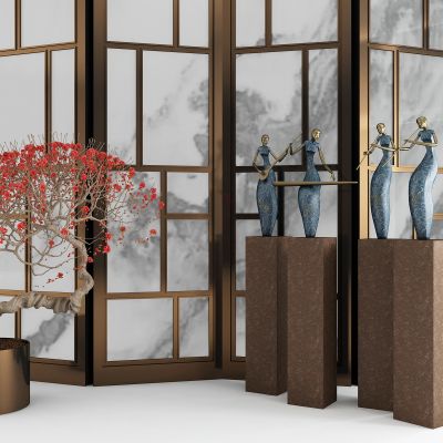新中式屏风人物雕塑盆景