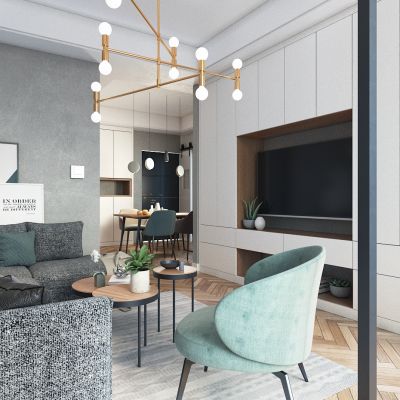 北欧客餐厅 沙发 吊灯 电视柜 单人沙发 人字拼木地板