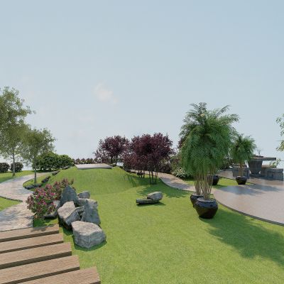 现代公园景观，绿植，盆栽，山石头，花草树木，休闲平台，石桌椅，草地，草皮