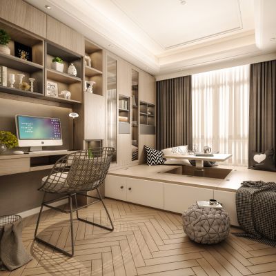 现代榻榻米 书房 卧室 榻榻米 书桌 单椅 书柜 衣柜 书桌