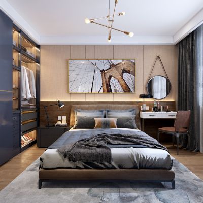 现代轻奢主卧室 挂画 镜子 大床