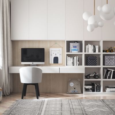 现代儿童房 书桌椅 书柜摆件 玩具 娃娃 吊灯