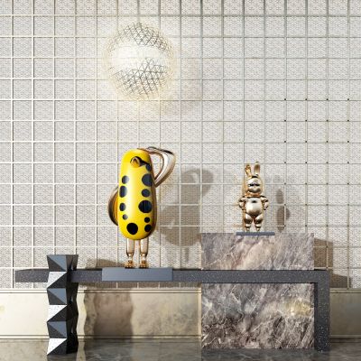 现代玄关端景台 吊灯 鸡玩具 兔子玩具 背景墙