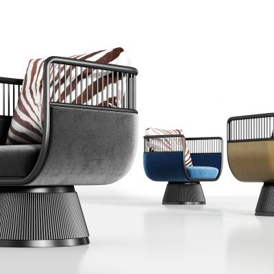 新中式金属皮革绒布单人沙发组合