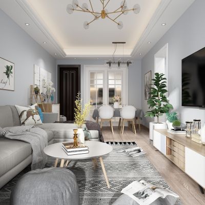 北欧客餐厅 沙发茶几吊灯 盆栽 挂画 台灯 置物架 边柜 空调