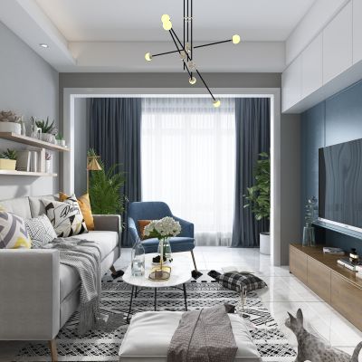 北欧客餐厅 沙发茶几 吊灯 盆栽 挂画 台灯 置物架