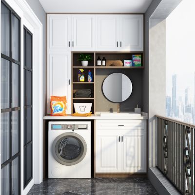 现代阳台洗衣机组合 扶手镜子 推拉门 洗涤用品 摆件