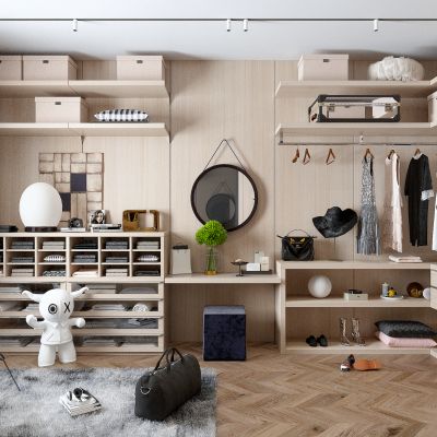 现代衣帽间 衣柜 衣服 鞋子 行李箱 抱枕 梳妆台 窗帘