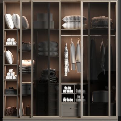 现代实木衣帽间 玻璃衣柜 衣服 饰品组合