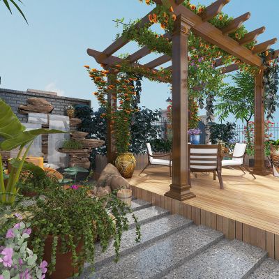 别墅庭院露台景观，绿植，植物堆，盆栽，假山水景，休闲平台，廊架，花坛，藤蔓