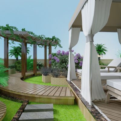 现代别墅露台庭院景观，绿植，植物堆，花草树木，休闲平台，按摩躺椅，弧形廊架，藤蔓